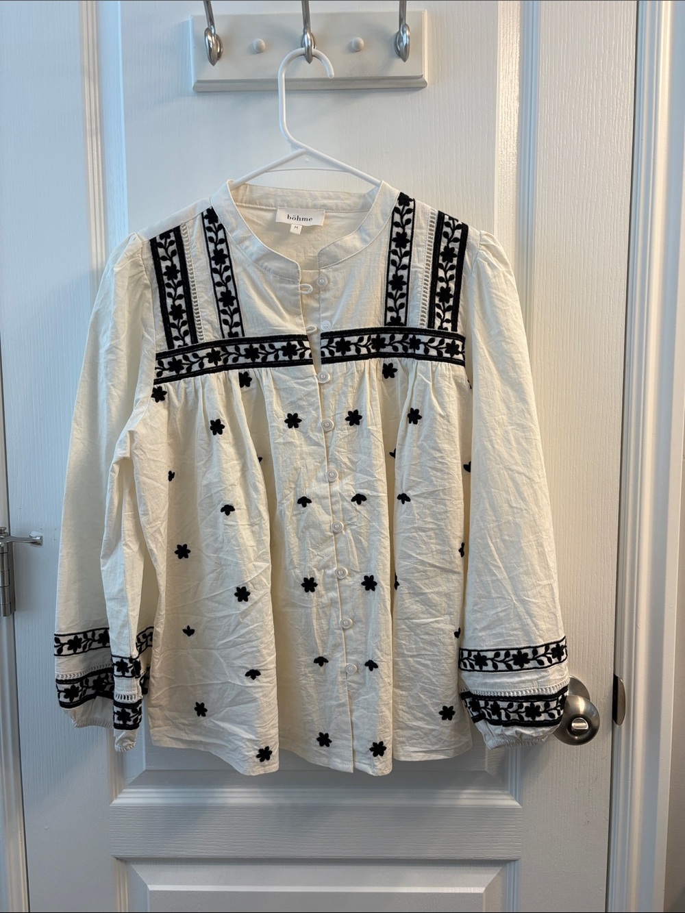 bohme Cream Button-Front Blouse with Black Embroidery